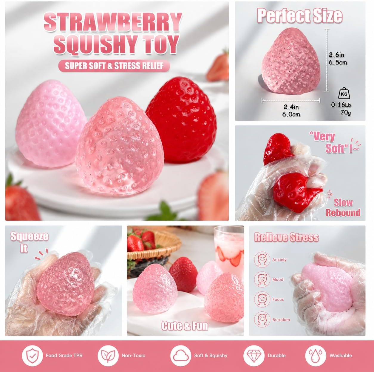 3PCS Large Strawberry Taba Squishies – Handmade Sticky Stress Relief Fidget Toys