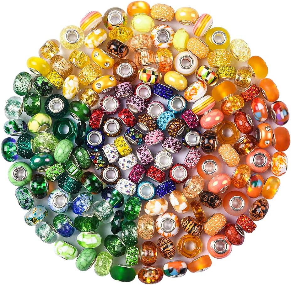 Assortment European Large Hole Beads Spacer Beads Rhinestone Craft Beads for DIY Charms Bracelet Jewelry Making (Blue-Red-White)