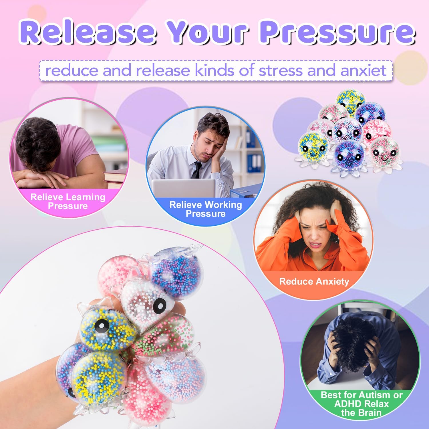 12 Pack Fidget Stress Balls for Adults, Cute Octopus Stress Relief Sensory Stress Ball,