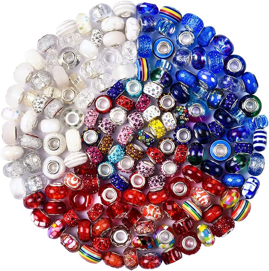 Assortment European Large Hole Beads Spacer Beads Rhinestone Craft Beads for DIY Charms Bracelet Jewelry Making (Blue-Red-White)