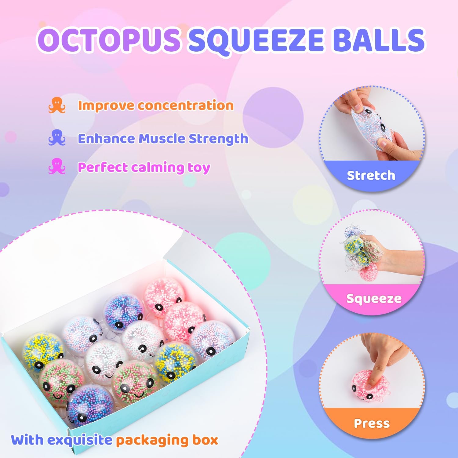 12 Pack Fidget Stress Balls for Adults, Cute Octopus Stress Relief Sensory Stress Ball,