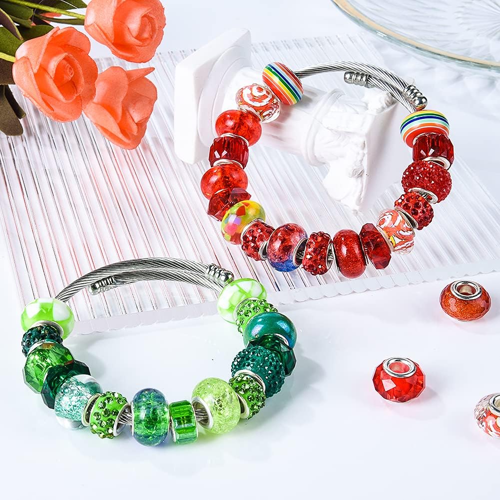 Assortment European Large Hole Beads Spacer Beads Rhinestone Craft Beads for DIY Charms Bracelet Jewelry Making (Blue-Red-White)