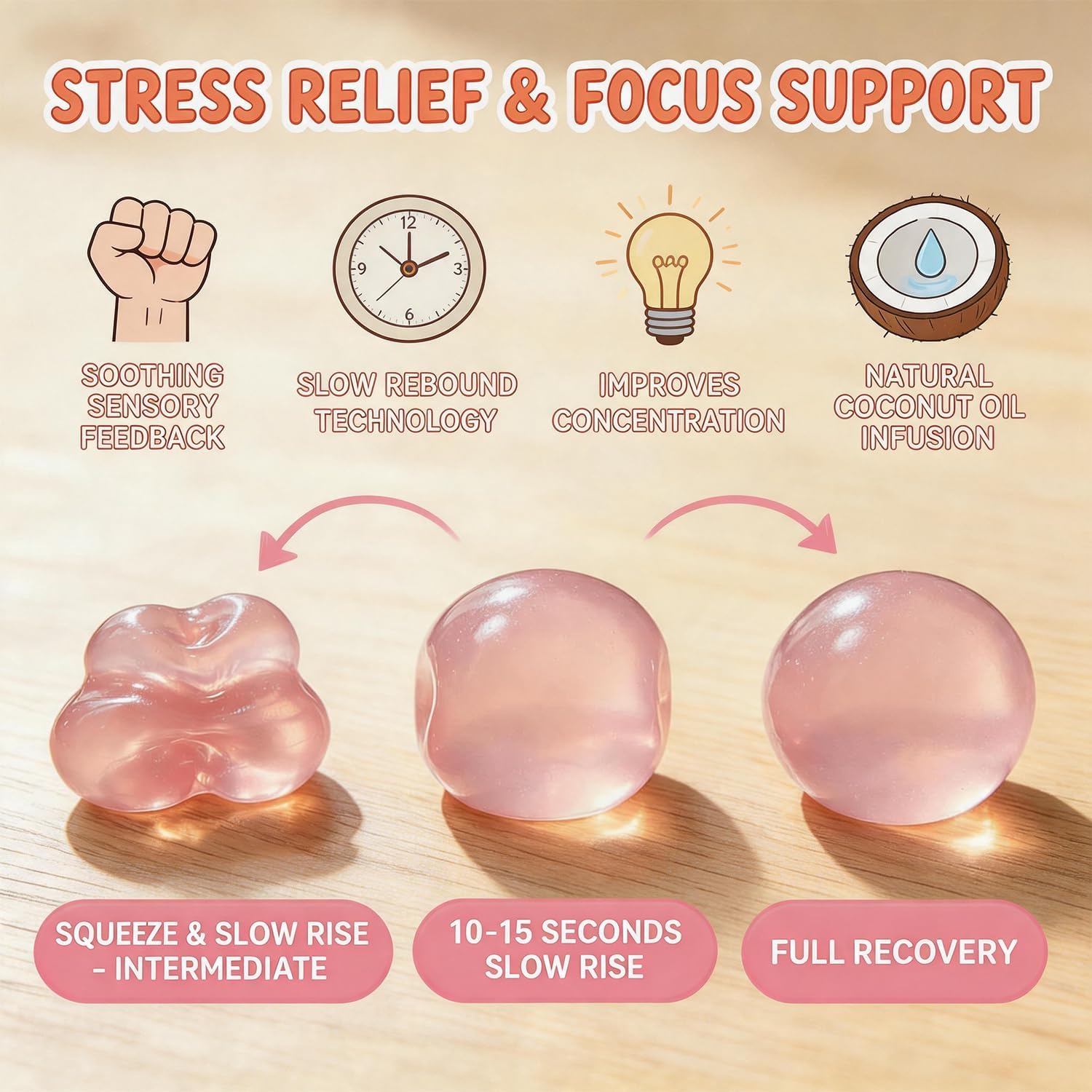 2PCS Handmade Coconut Squishy Stress Balls – Slow Rising Sensory Fidget Toys for Stress Relief & Relaxation