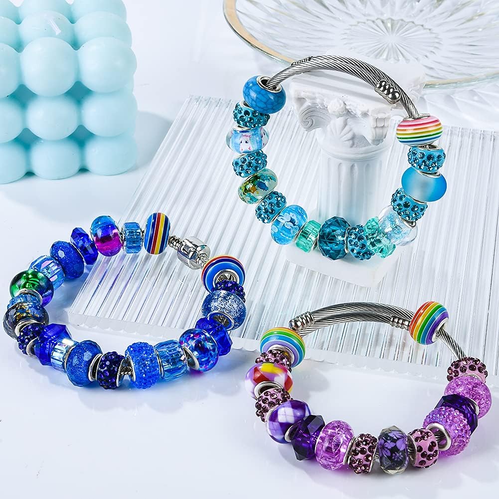 Assortment European Large Hole Beads Spacer Beads Rhinestone Craft Beads for DIY Charms Bracelet Jewelry Making (Blue-Red-White)