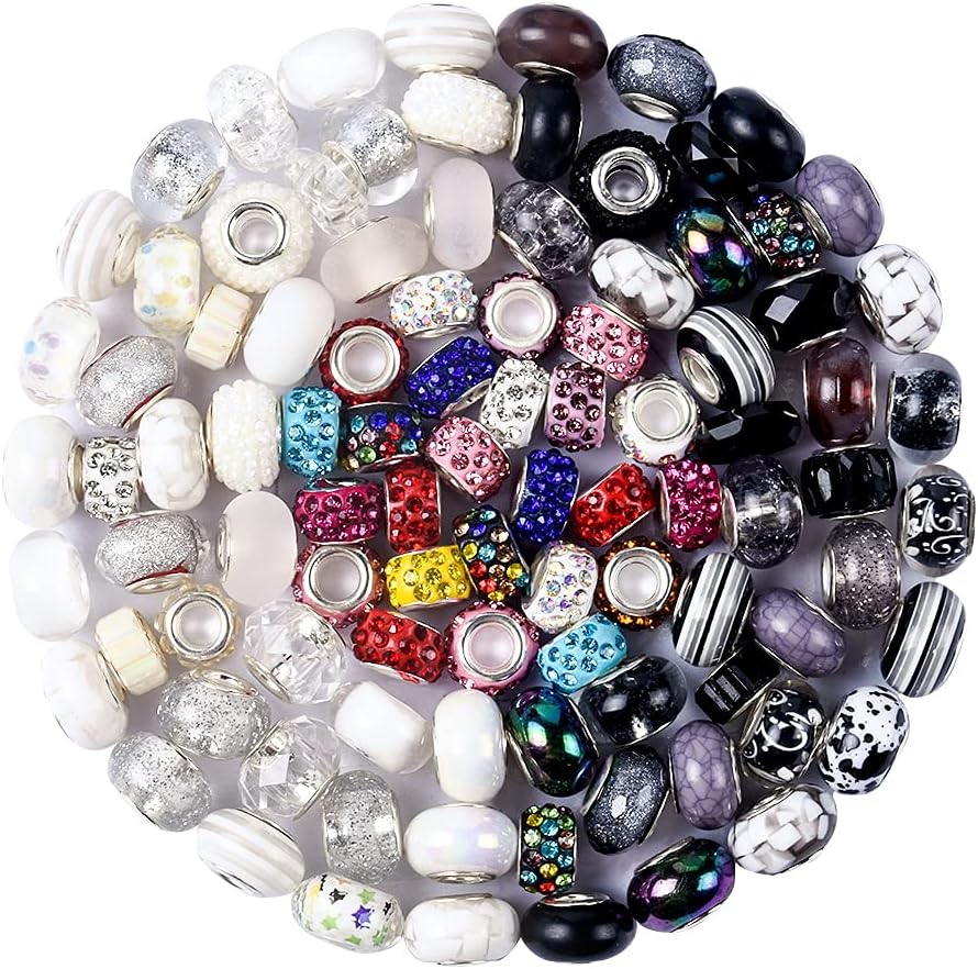 Assortment European Large Hole Beads Spacer Beads Rhinestone Craft Beads for DIY Charms Bracelet Jewelry Making (Blue-Red-White)