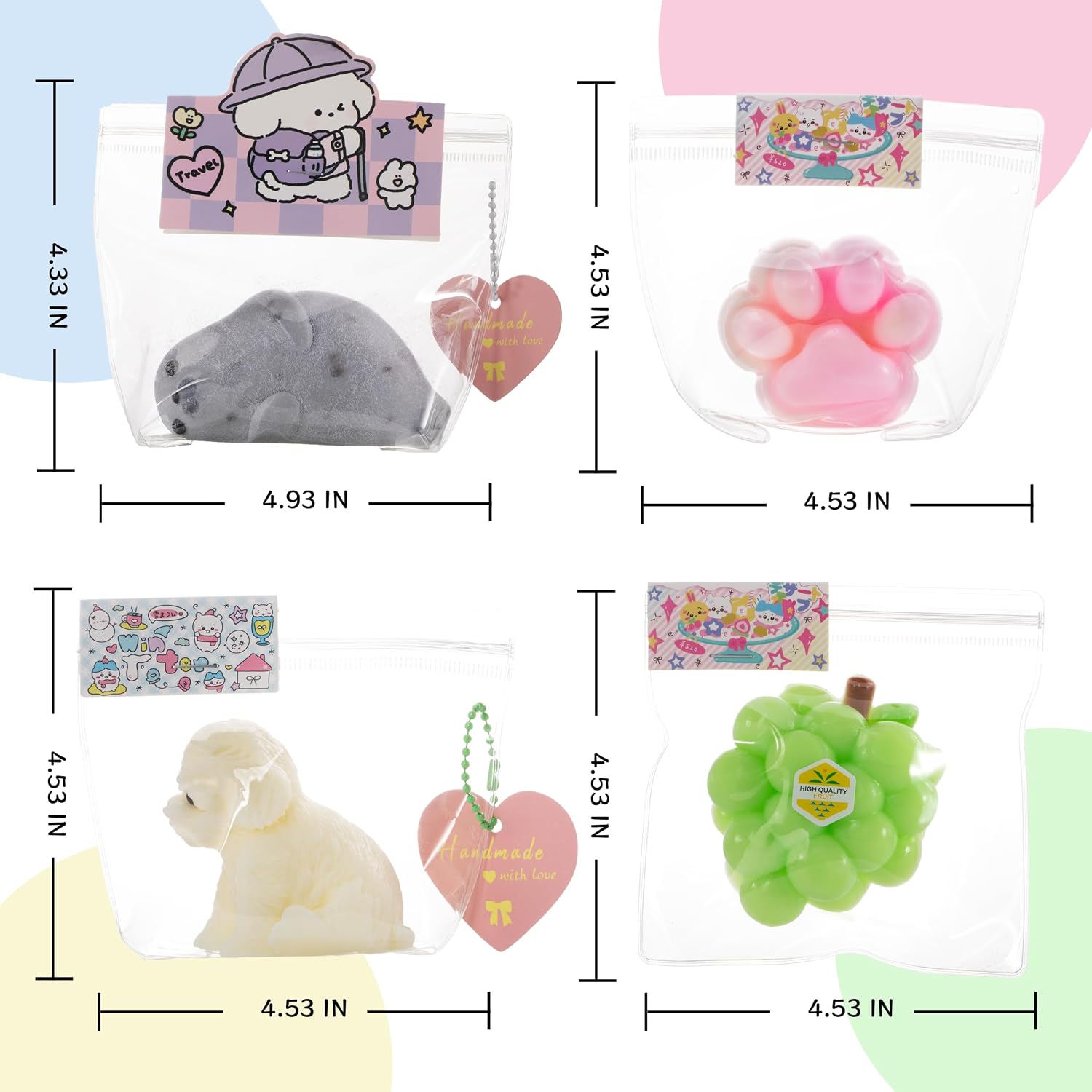 Handmade Taba Animal Squishy Set – Puppy, Seal, Cat Paw & Grape Silicone Stress Relief Toys (4PCS)