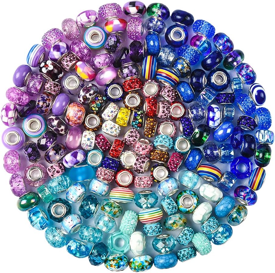 Assortment European Large Hole Beads Spacer Beads Rhinestone Craft Beads for DIY Charms Bracelet Jewelry Making (Blue-Red-White)