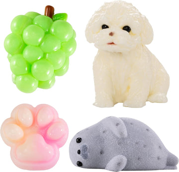 Handmade Taba Animal Squishy Set – Puppy, Seal, Cat Paw & Grape Silicone Stress Relief Toys (4PCS)