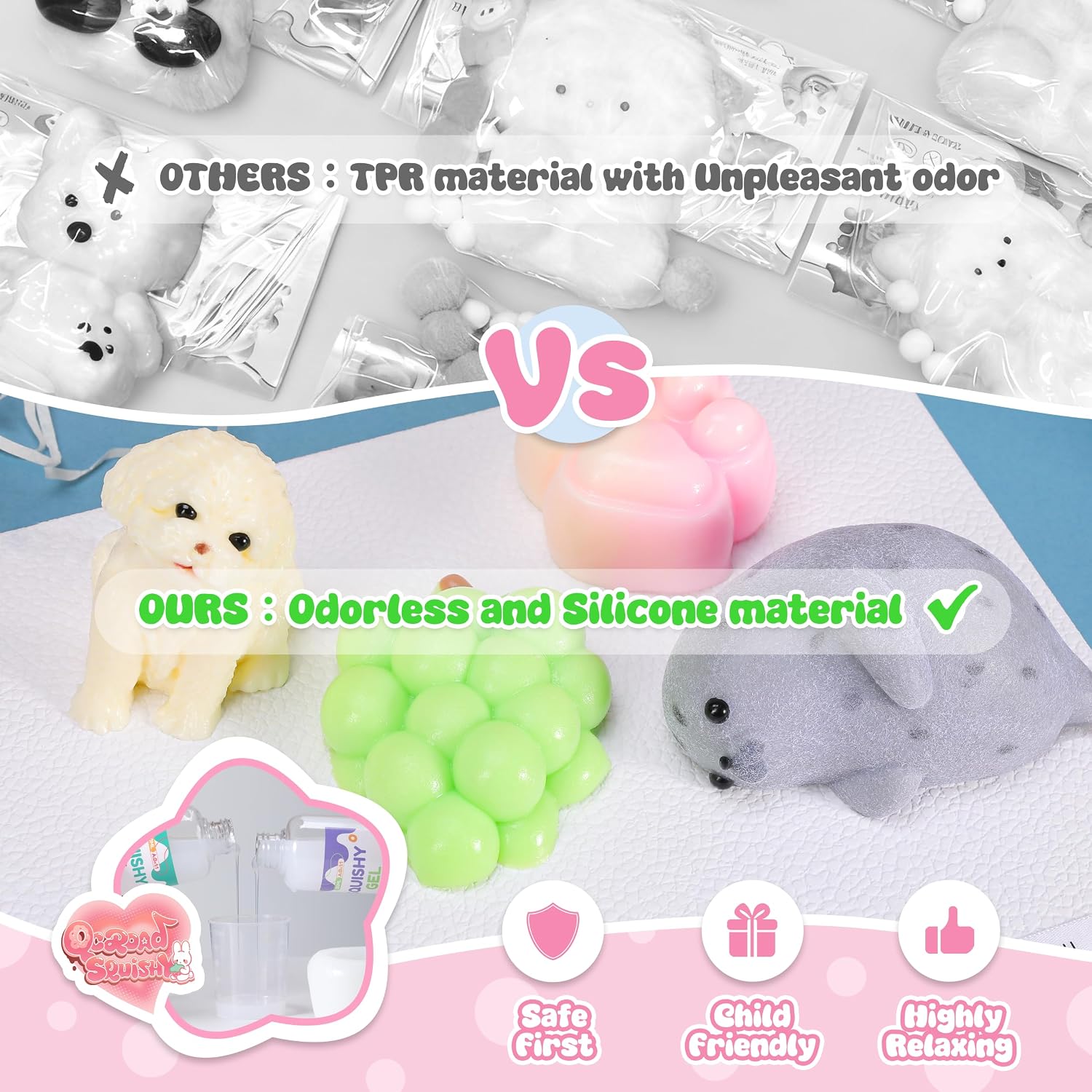 Handmade Taba Animal Squishy Set – Puppy, Seal, Cat Paw & Grape Silicone Stress Relief Toys (4PCS)