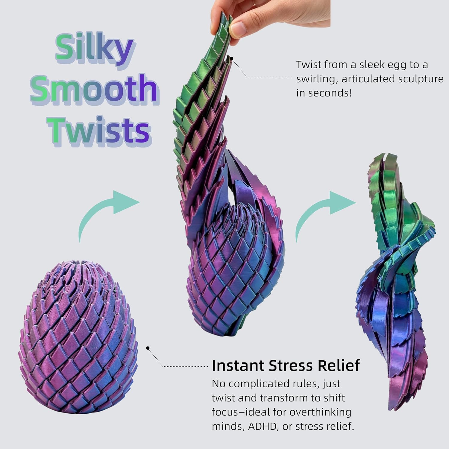 3D Printed Fidget Toy, Twisty Dragon Eggs, Spiral Slippery Egg Fidget Toy
