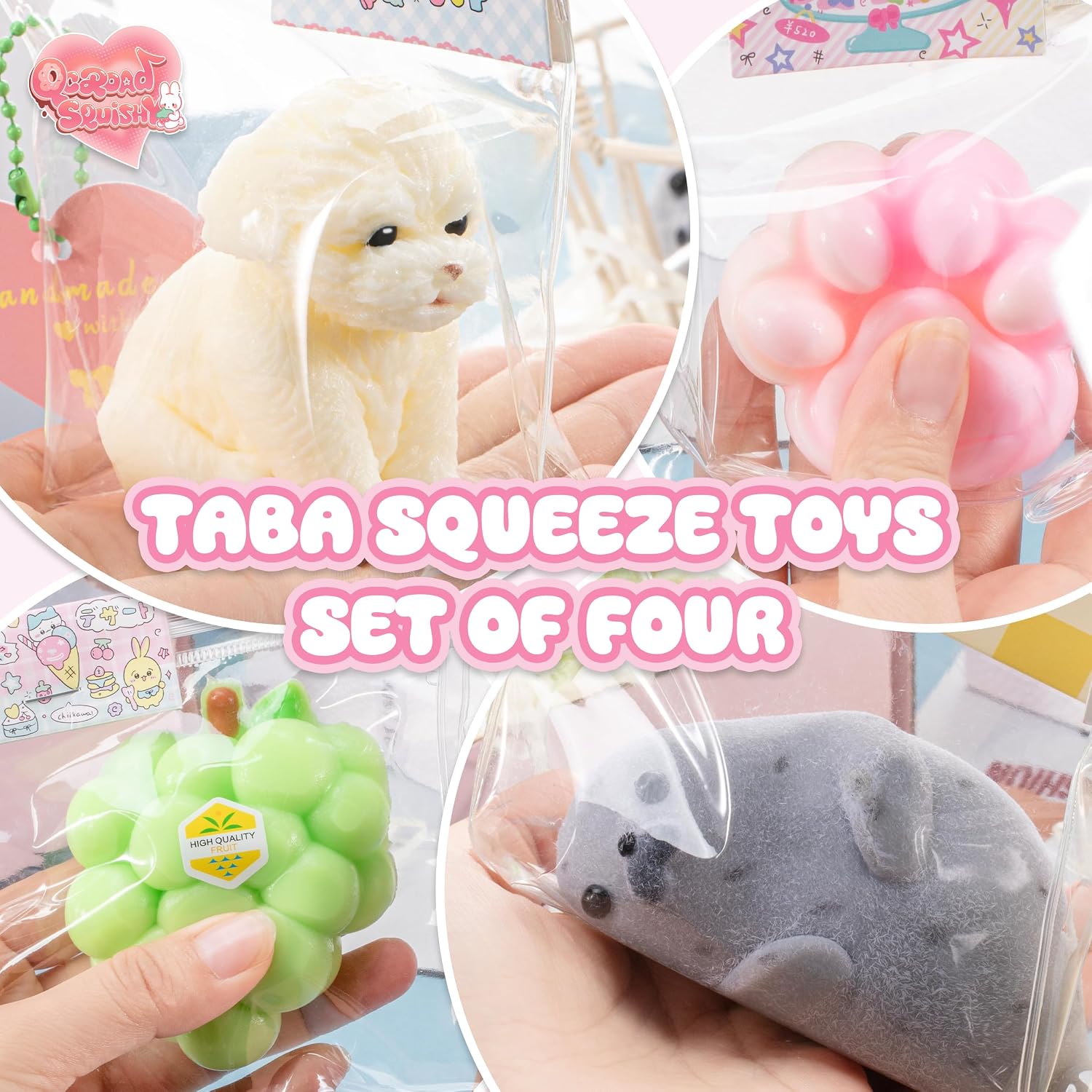 Handmade Taba Animal Squishy Set – Puppy, Seal, Cat Paw & Grape Silicone Stress Relief Toys (4PCS)