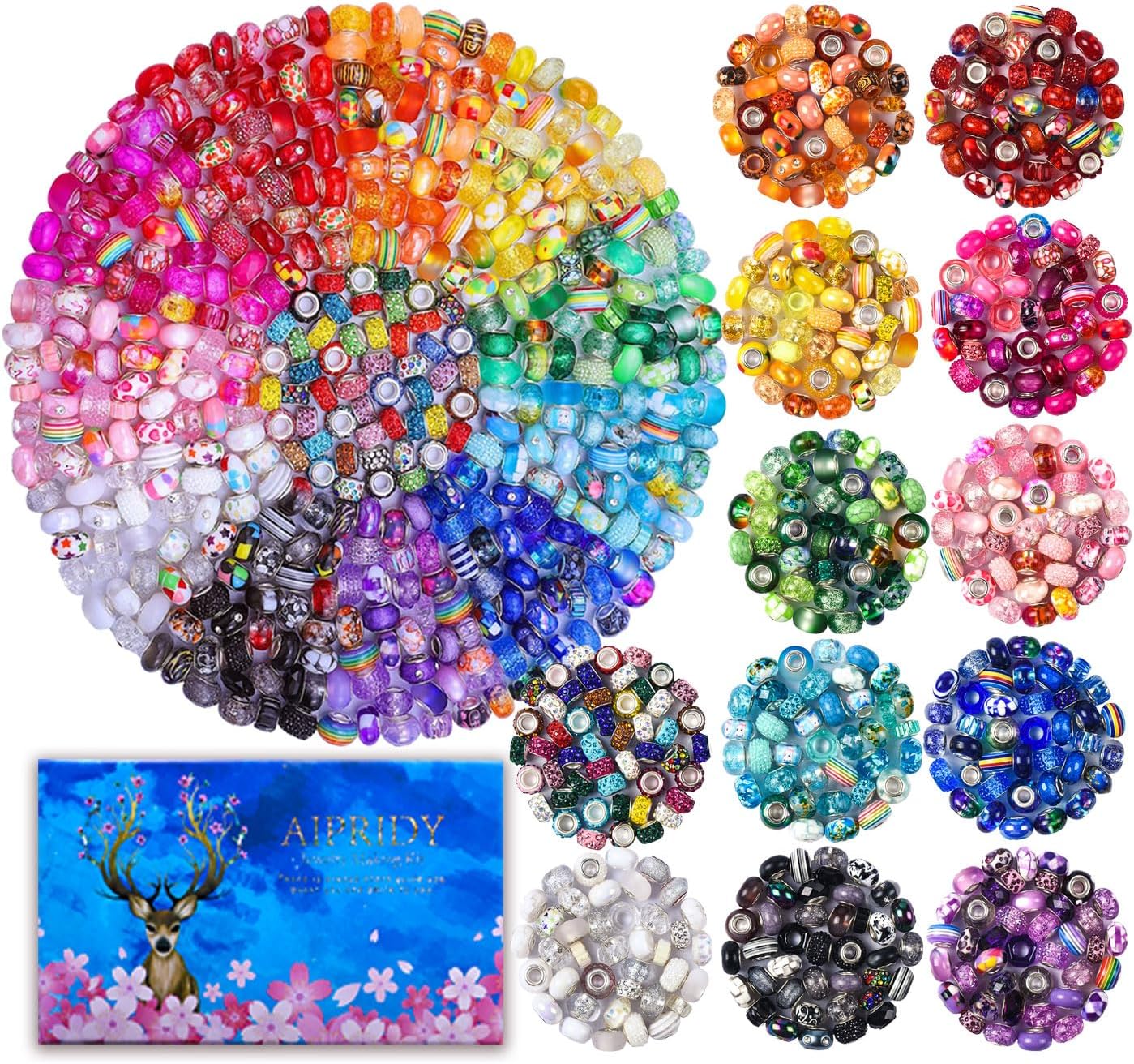 Assortment European Large Hole Beads Spacer Beads Rhinestone Craft Beads for DIY Charms Bracelet Jewelry Making (Blue-Red-White)