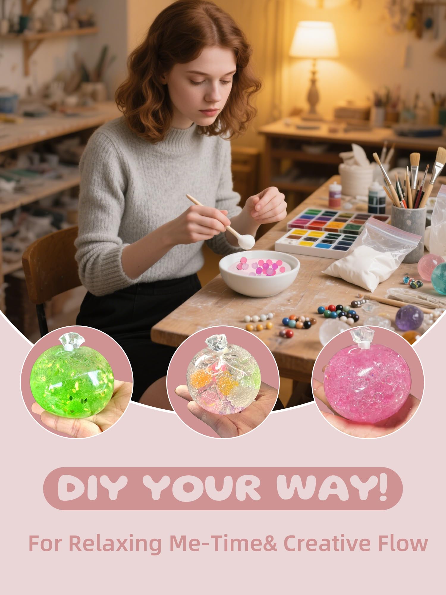 DIY Crunchy Squishy Stress Ball Kit, Make Your Own ASMR Fidget Toys with 10 TPR Skins, 13 Fillers, Slime & Clay, Handmade Sensory Craft Kit for Stress Relief