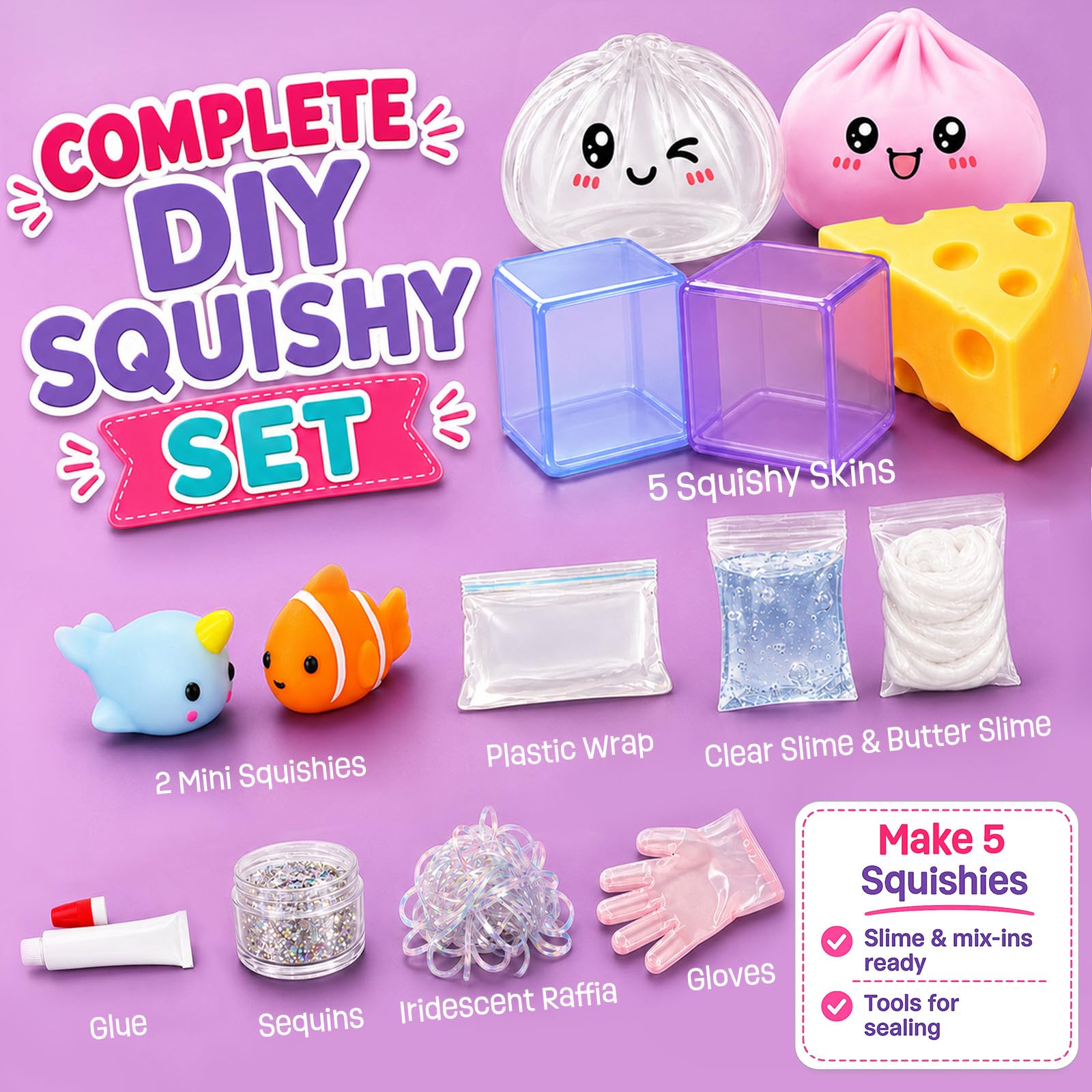 DIY Squishy Making Kit – Create Dumpling, Cheese & Glitter Cube Squishies, Handmade Stress Relief Craft Kit for Kids & Adults