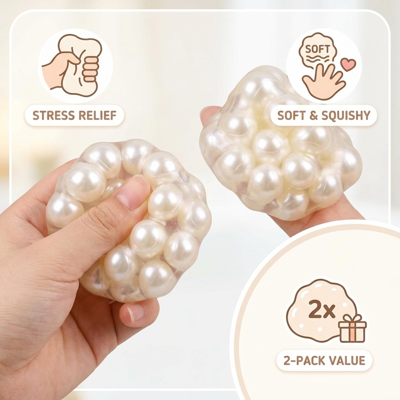 2 PCS Pearl Crunchy Squishy Stress Balls, Bead-Filled Slow Rising Fidget Toys for Stress Relief, ASMR Sensory Squeeze Toys (Pearl White)